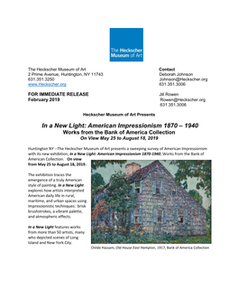 In a New Light: American Impressionism 1870 – 1940 Works from the Bank of America Collection on View May 25 to August 18, 2019