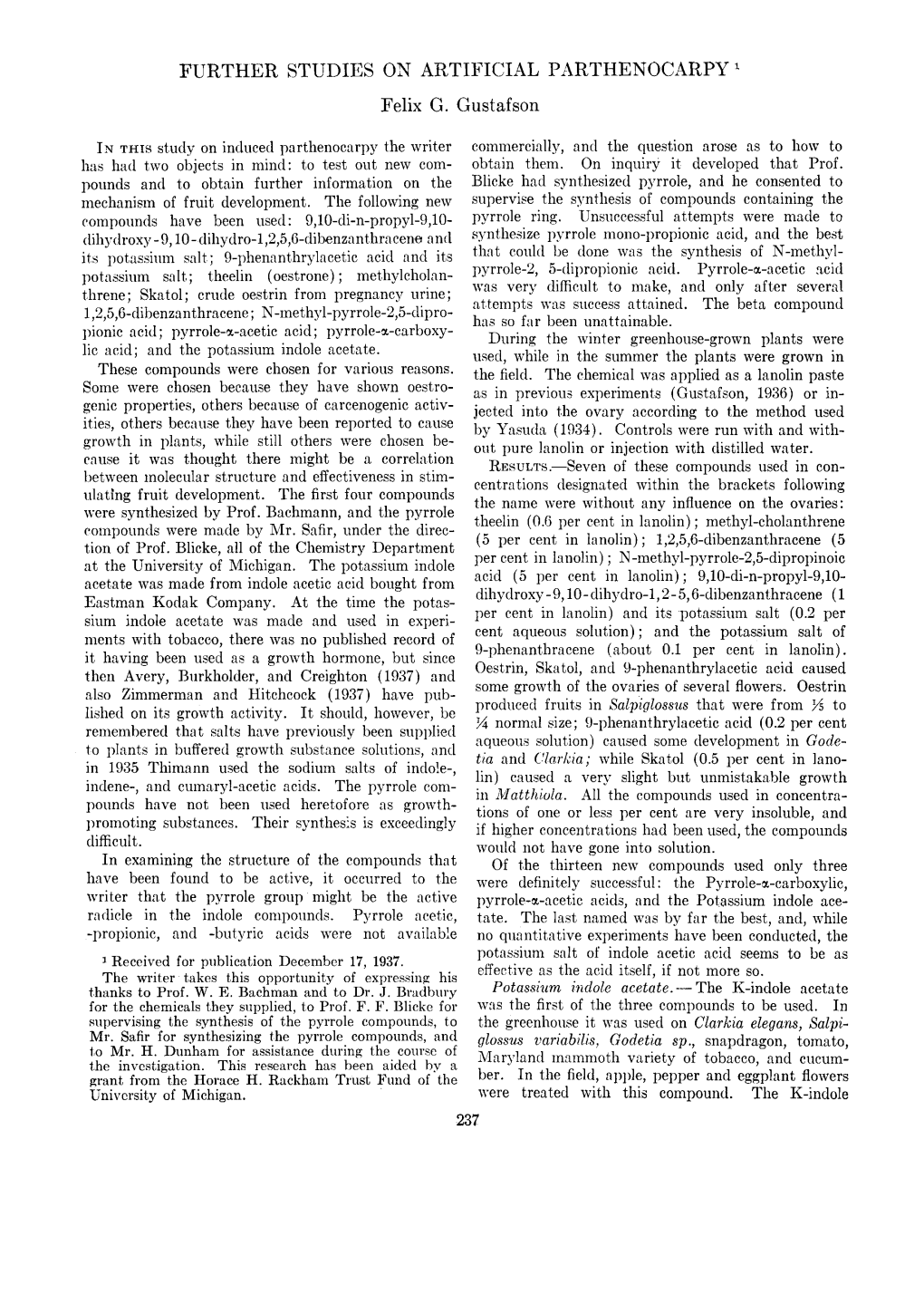 FURTHER STUDIES on ARTIFICIAL PARTHENOCARPY 1 Felix G