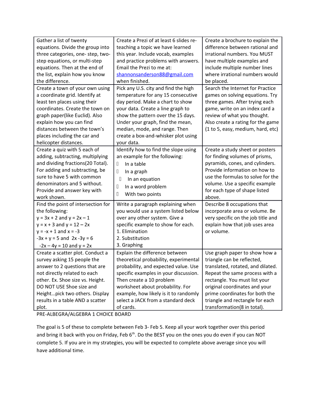 Pre-Albegra/Algebra 1 Choice Board