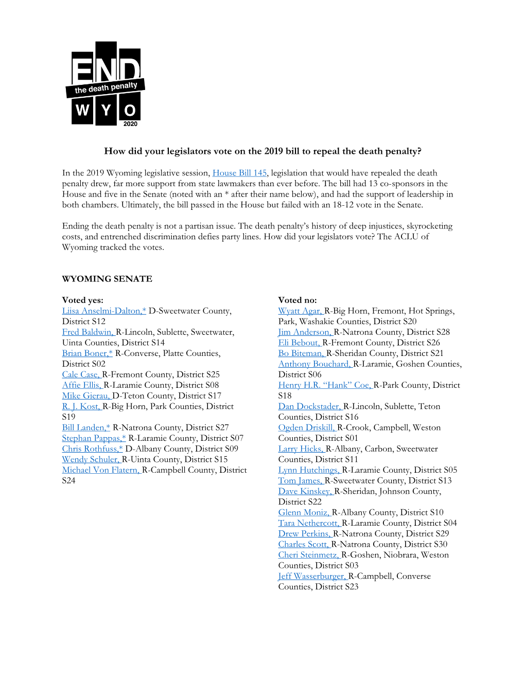 How Did Your Legislators Vote on the 2019 Bill to Repeal the Death Penalty?