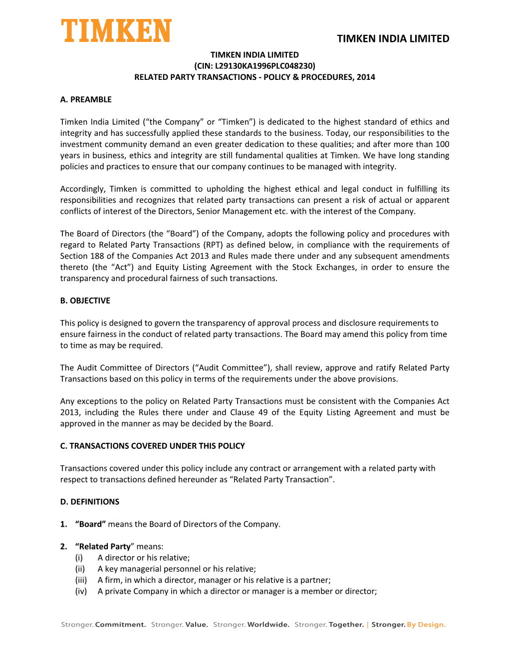 Timken India Limited Timken India Limited (Cin: L29130ka1996plc048230) Related Party Transactions ‐ Policy & Procedures, 2014