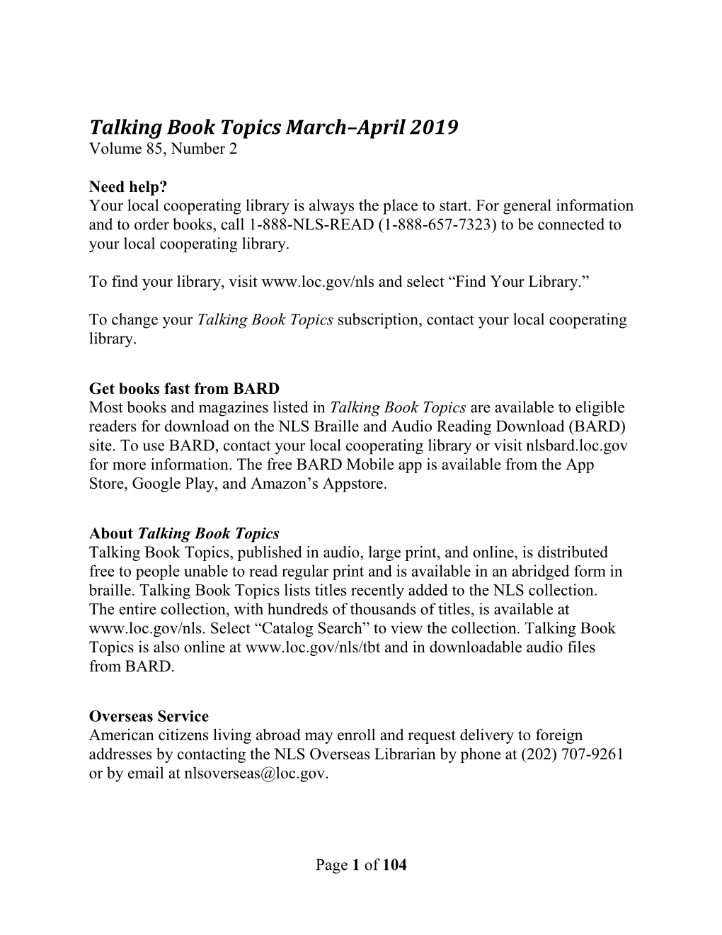 Talking Book Topics March-April 2019