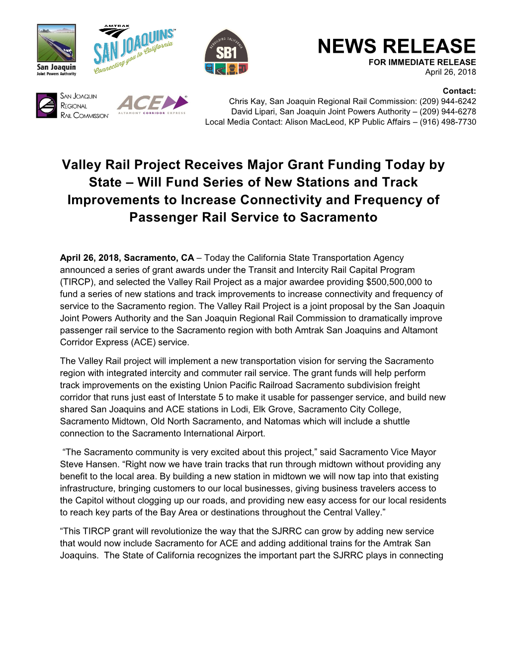Valley Rail Project Receives Major Grant Funding