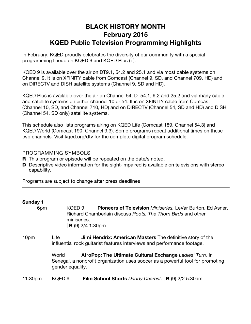 BLACK HISTORY MONTH February 2015 KQED Public Television Programming Highlights