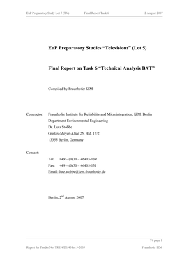“Televisions” (Lot 5) Final Report on Task 6