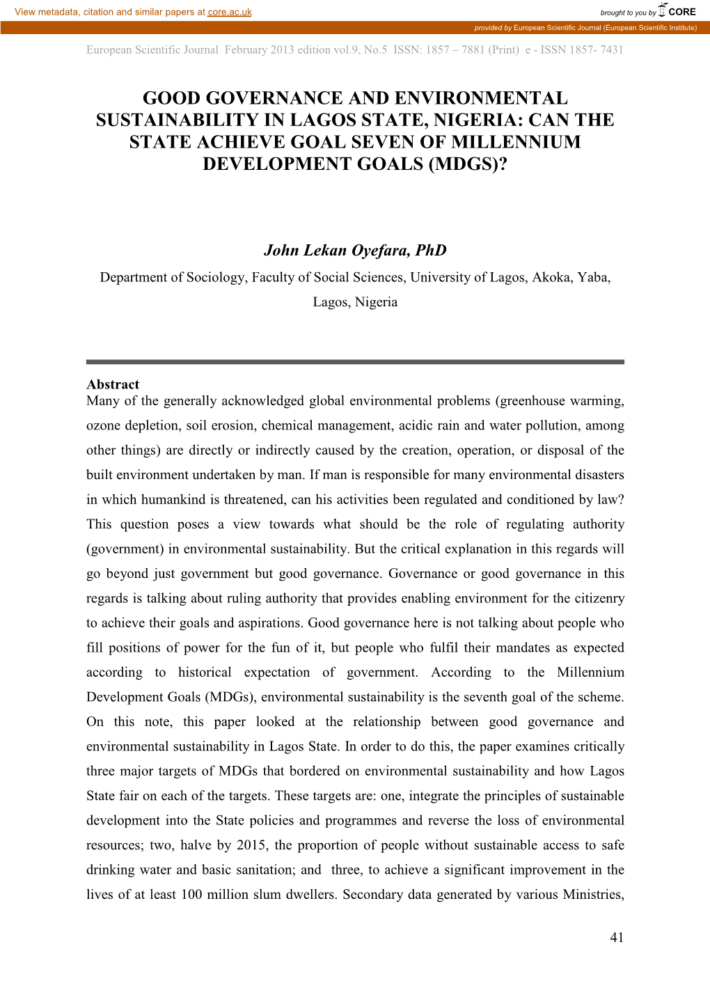 Good Governance and Environmental Sustainability in Lagos State, Nigeria: Can the State Achieve Goal Seven of Millennium Development Goals (Mdgs)?