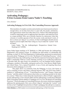 Activating Pedagogy: Civics Lessons from Laura Nader's Teaching