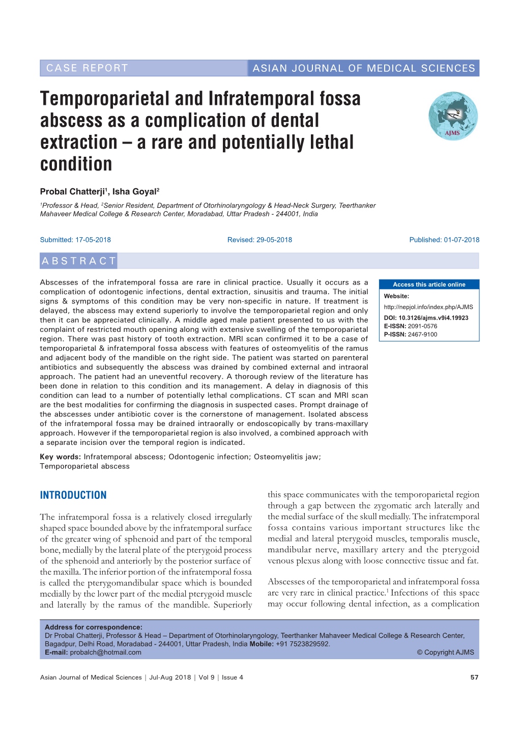 Temporoparietal and Infratemporal Fossa Abscess As a Complication of Dental Extraction – a Rare and Potentially Lethal Condition