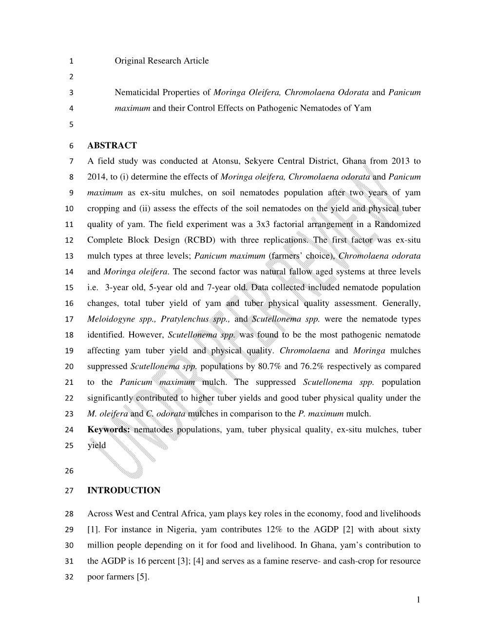 Nematicidal Properties of Moringa Oleifera, Chromolaena Odorata and Panicum 4 Maximum and Their Control Effects on Pathogenic Nematodes of Yam 5