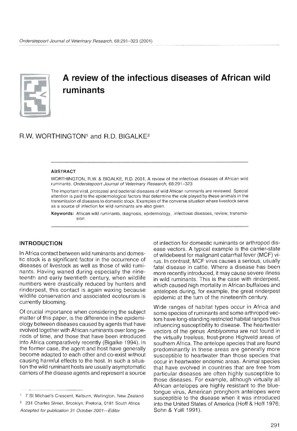 A Review of the Infectious Diseases of African Wild Ruminants