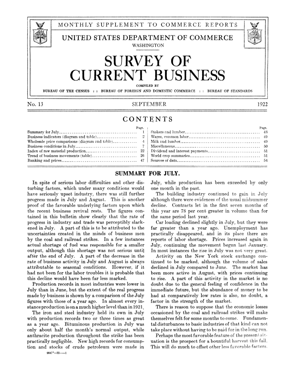 Survey of Current Business September 1922