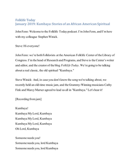 Folklife Today January 201 : Kumbaya: Stories of an African American Spiritual