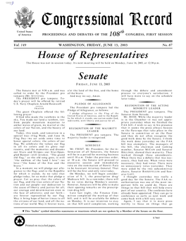 Congressional Record United States Th of America PROCEEDINGS and DEBATES of the 108 CONGRESS, FIRST SESSION