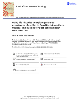 Using Life Histories to Explore Gendered Experiences of Conflict in Gulu District, Northern Uganda: Implications for Post-Conflict Health Reconstruction