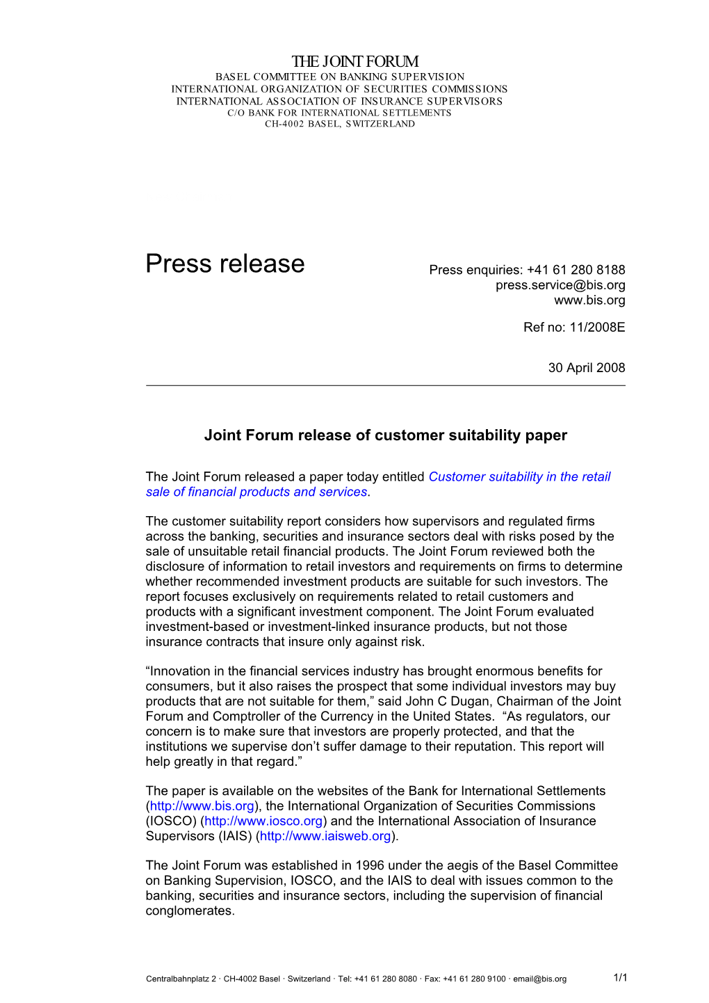 Joint Forum Release of Customer Suitability Paper