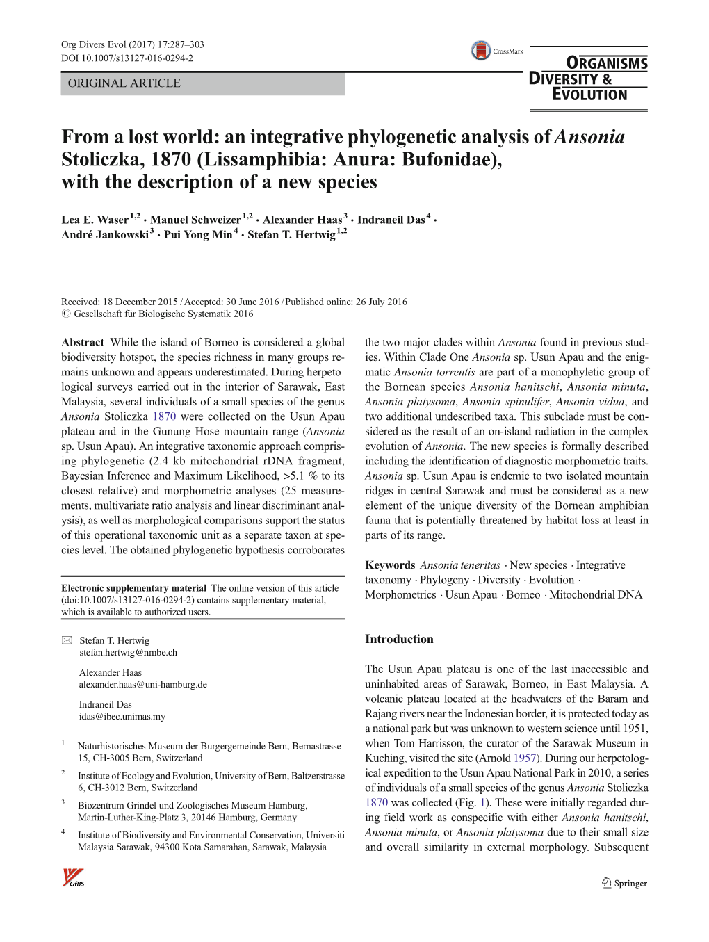 An Integrative Phylogenetic Analysis of Ansonia Stoliczka, 1870 (Lissamphibia: Anura: Bufonidae), with the Description of a New Species