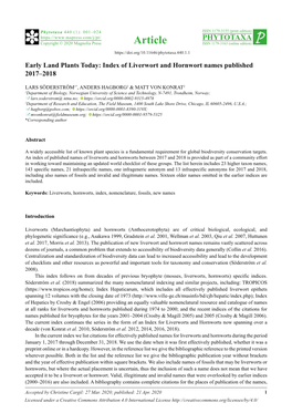 Early Land Plants Today: Index of Liverwort and Hornwort Names Published 2017–2018