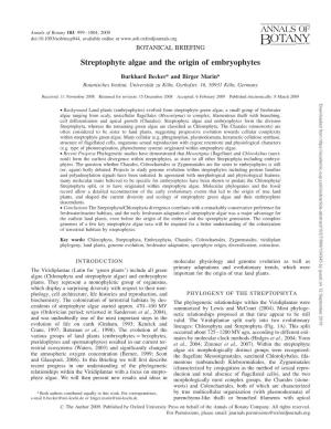 Streptophyte Algae and the Origin of Embryophytes