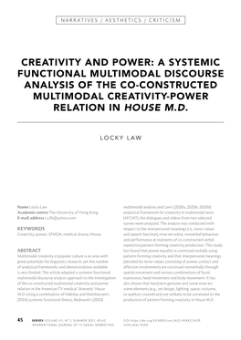 A Systemic Functional Multimodal Discourse Analysis of the Co-Constructed Multimodal Creativity-Power Relation in House M.D