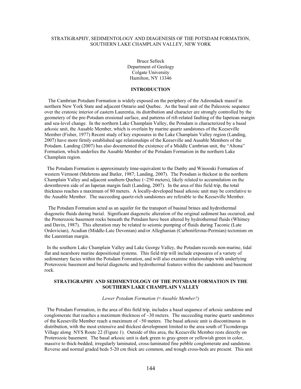 Stratigraphy, Sedimentology and Diagenesis of the Potsdam Formation, Southern Lake Champlain Valley, New York