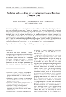 Predation and Parasitism on Bromeligenous Snouted Treefrogs (Ololygon Spp.)