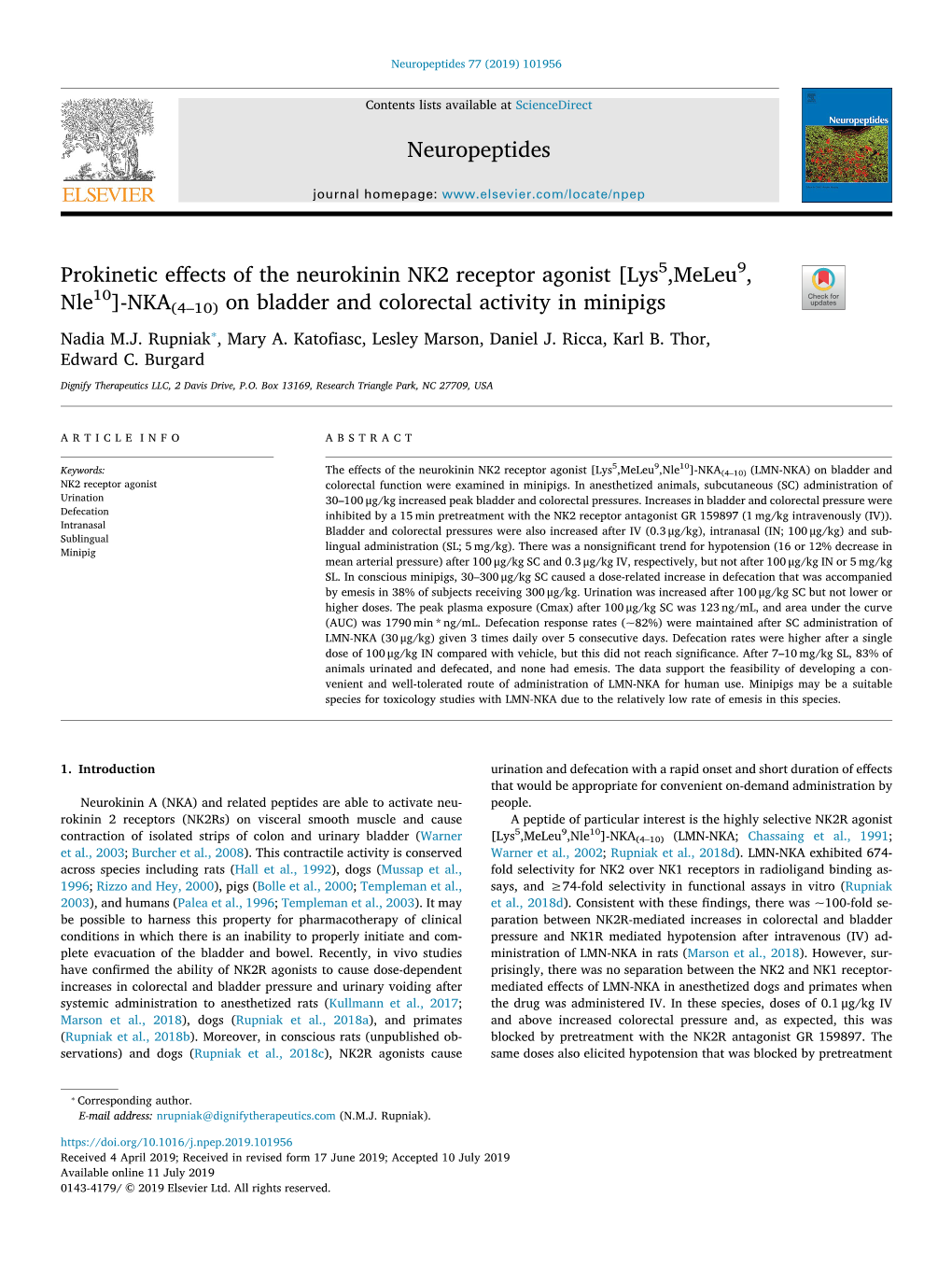 Prokinetic Effects of the Neurokinin NK2 Receptor Agonist [Lys5,Meleu9