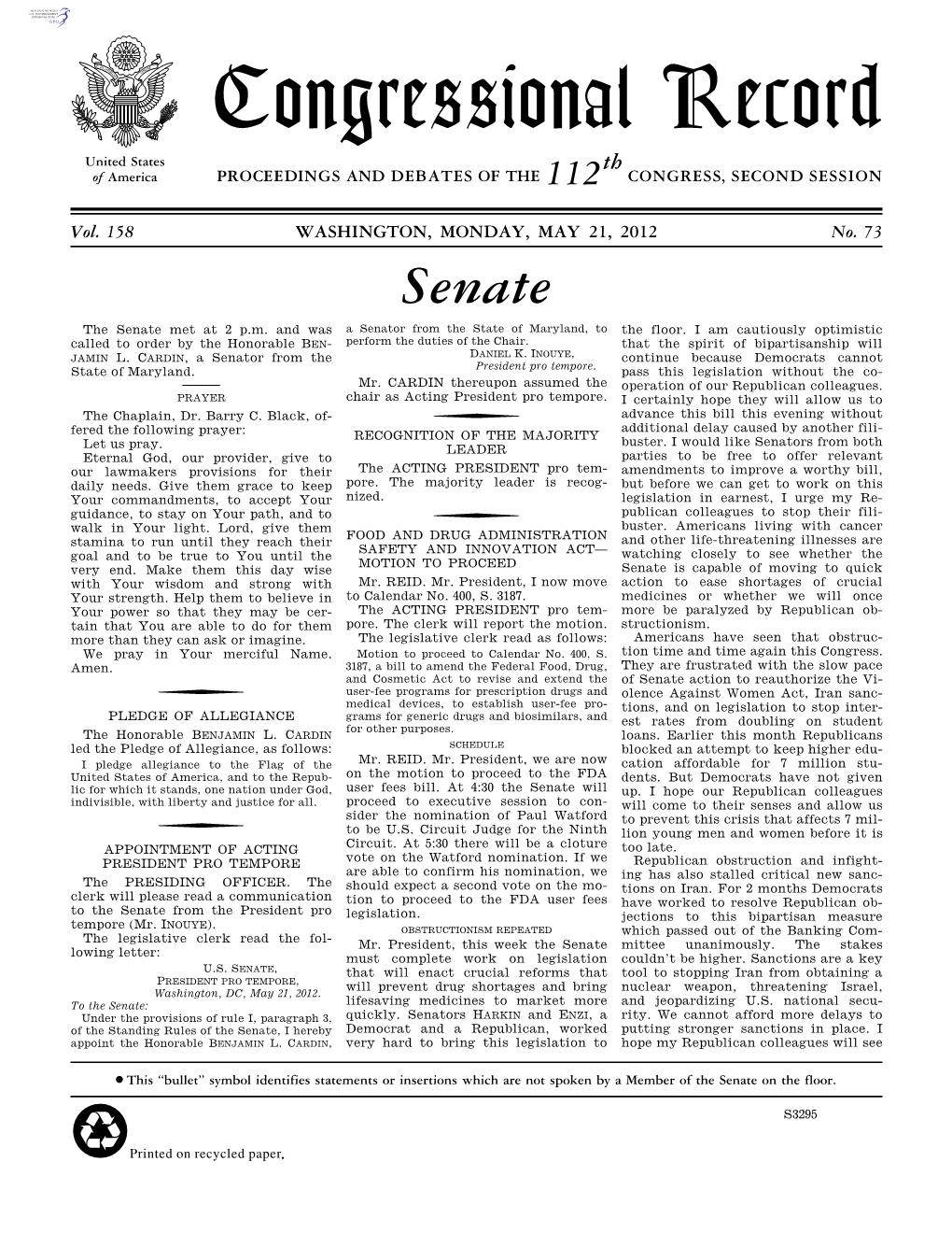 Congressional Record United States Th of America PROCEEDINGS and DEBATES of the 112 CONGRESS, SECOND SESSION