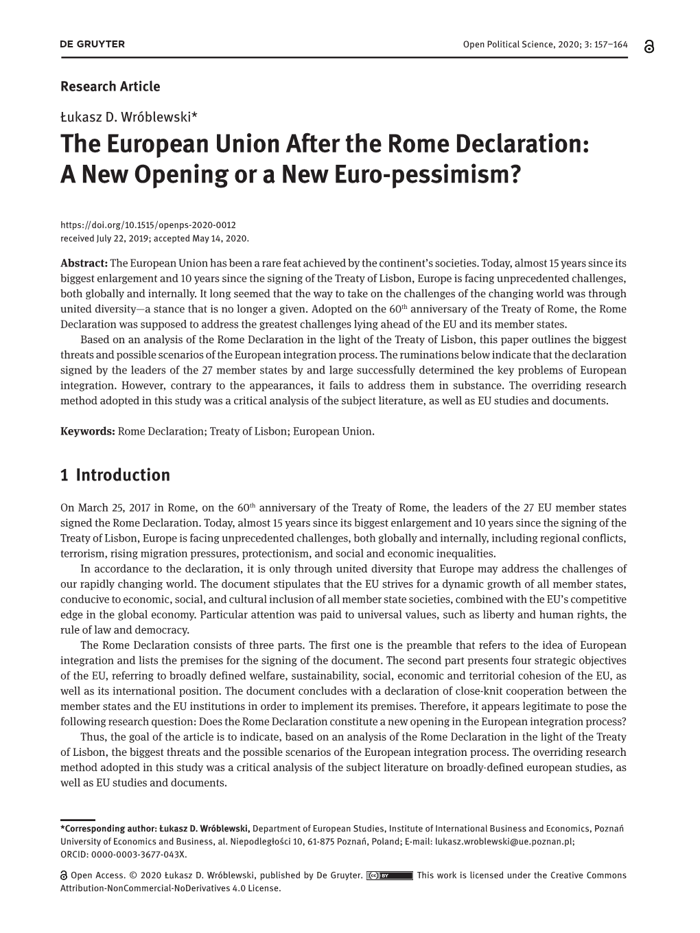 The European Union After the Rome Declaration: a New Opening Or a New Euro-Pessimism?