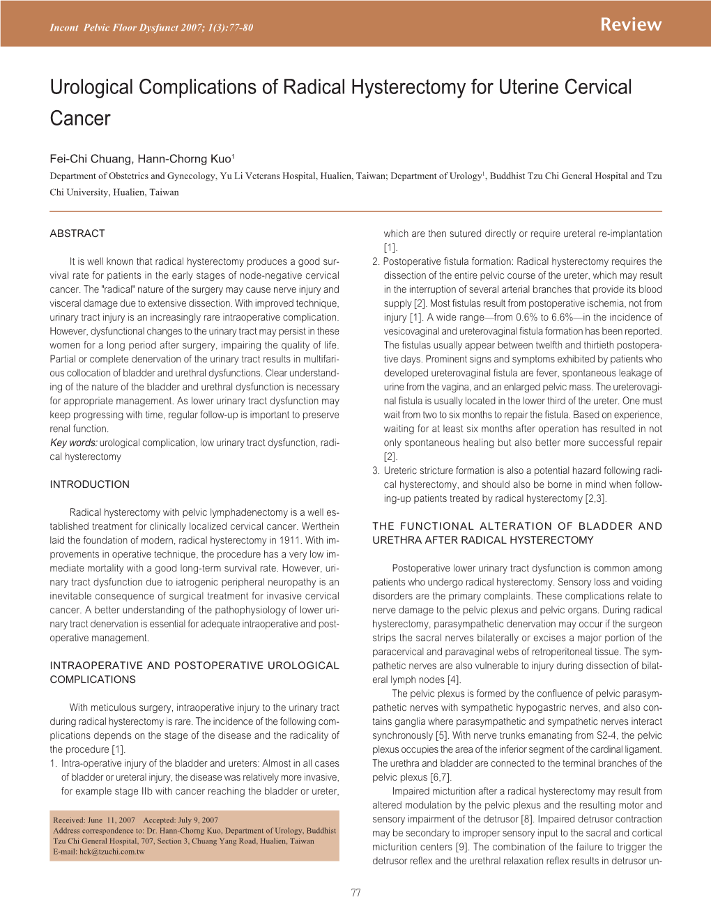 Urological Complications of Radical Hysterectomy for Uterine Cervical Cancer
