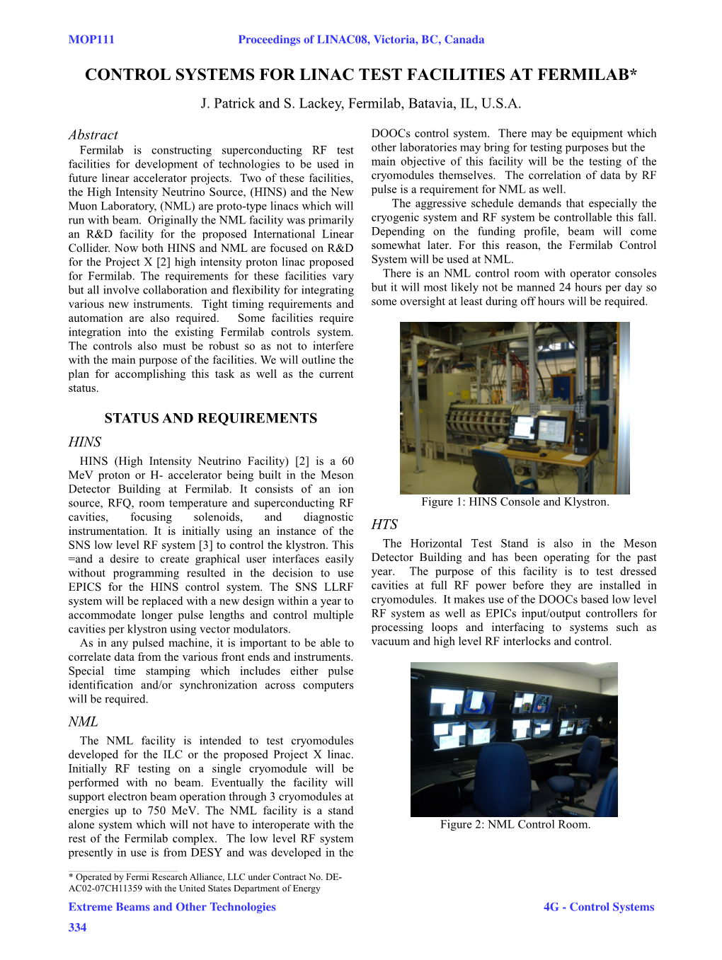 Control Systems for Linac Test Facilities at Fermilab* J