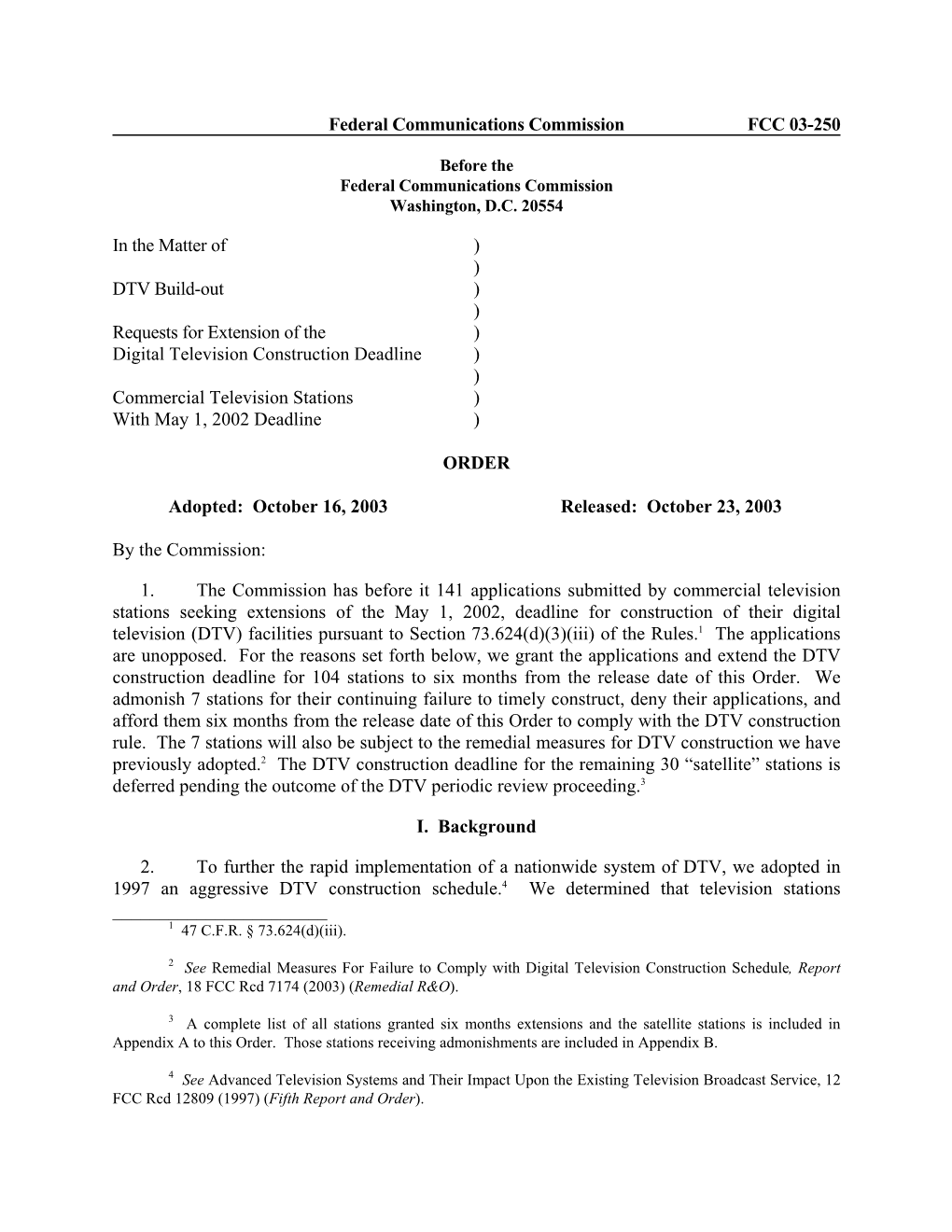 Federal Communications Commission FCC 03-250 in the Matter Of