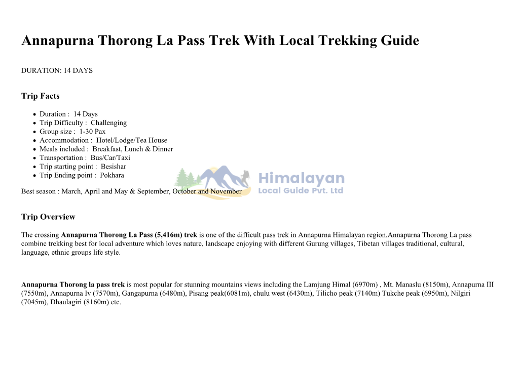 Annapurna Thorong La Pass Trek with Local Trekking Guide