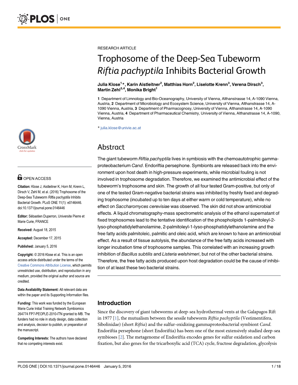 Trophosome of the Deep-Sea Tubeworm Riftia Pachyptila Inhibits Bacterial Growth