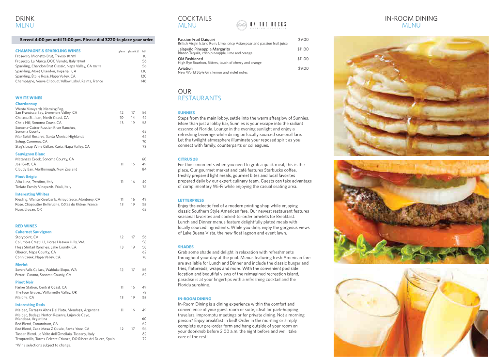 Our Restaurants Drink Menu In-Room Dining Menu