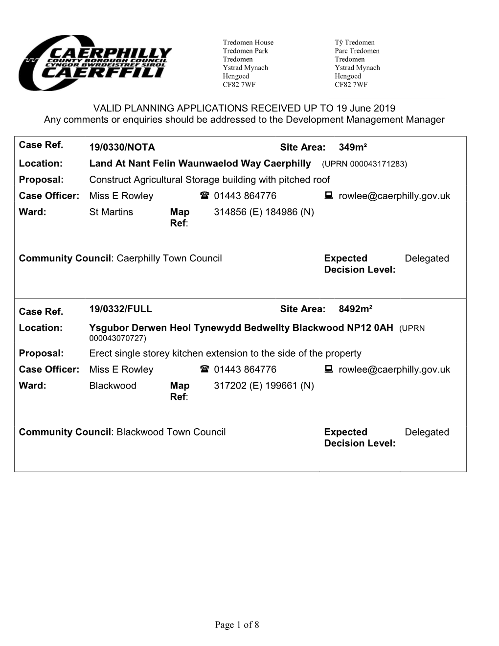 Page 1 of 8 VALID PLANNING APPLICATIONS RECEIVED up TO