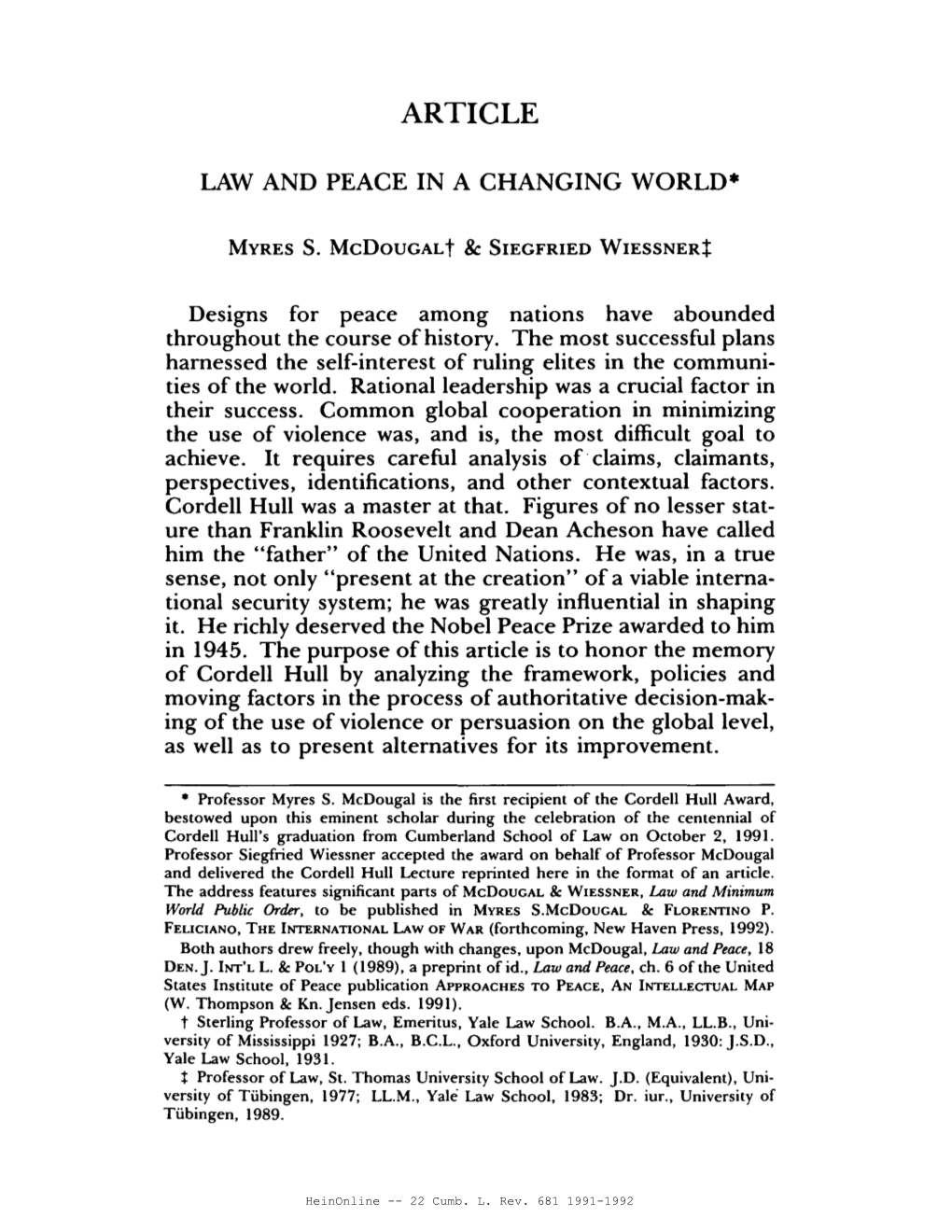 Law and Peace in a Changing World·