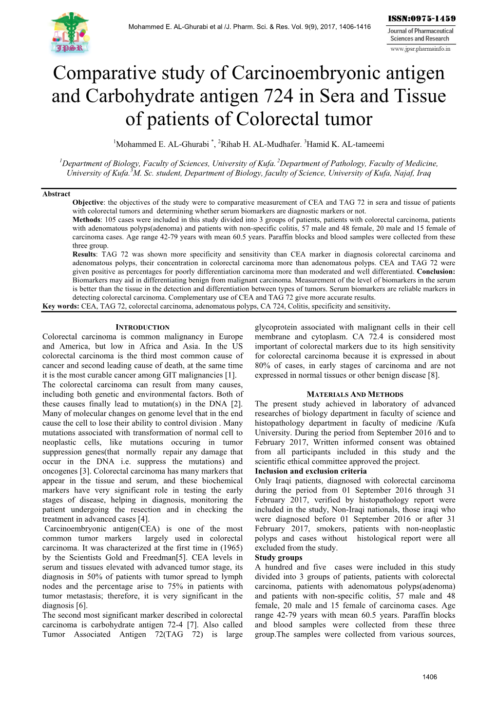 Comparative Study of Carcinoembryonic Antigen and Carbohydrate Antigen 724 in Sera and Tissue of Patients of Colorectal Tumor