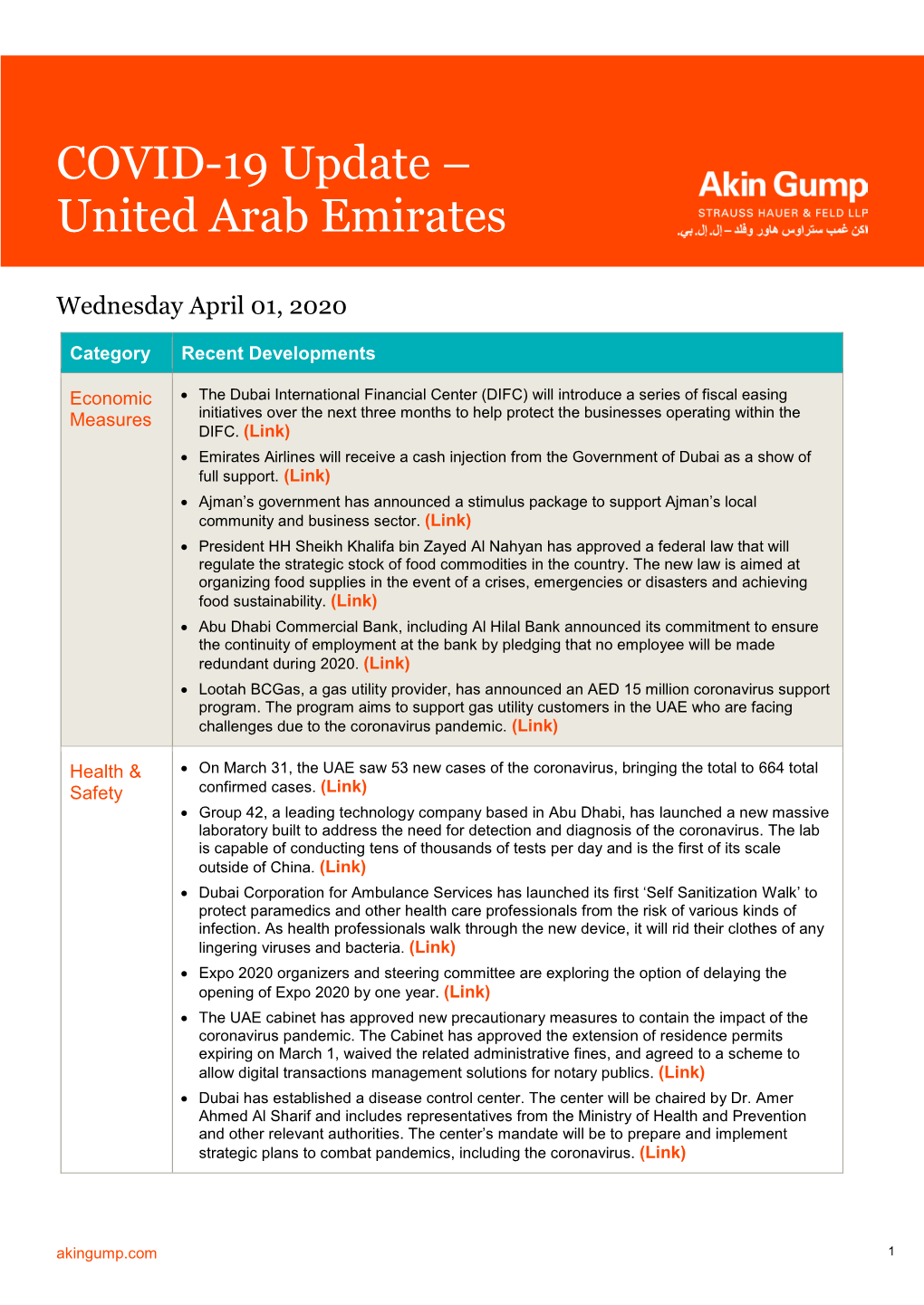 COVID-19 Update – United Arab Emirates