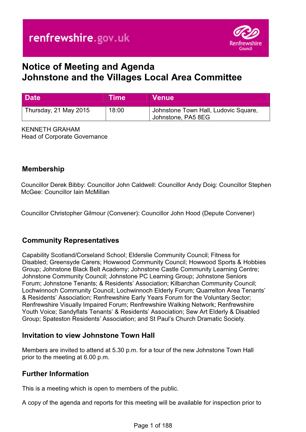 Notice of Meeting and Agenda Johnstone and the Villages Local Area Committee