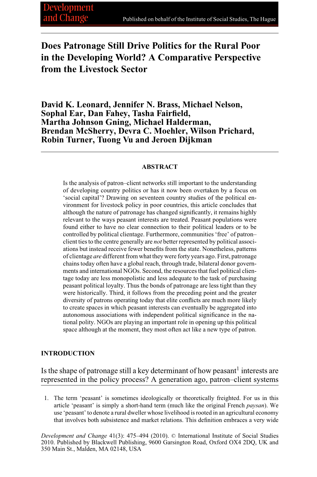 Does Patronage Still Drive Politics for the Rural Poor in the Developing World? a Comparative Perspective from the Livestock Sector