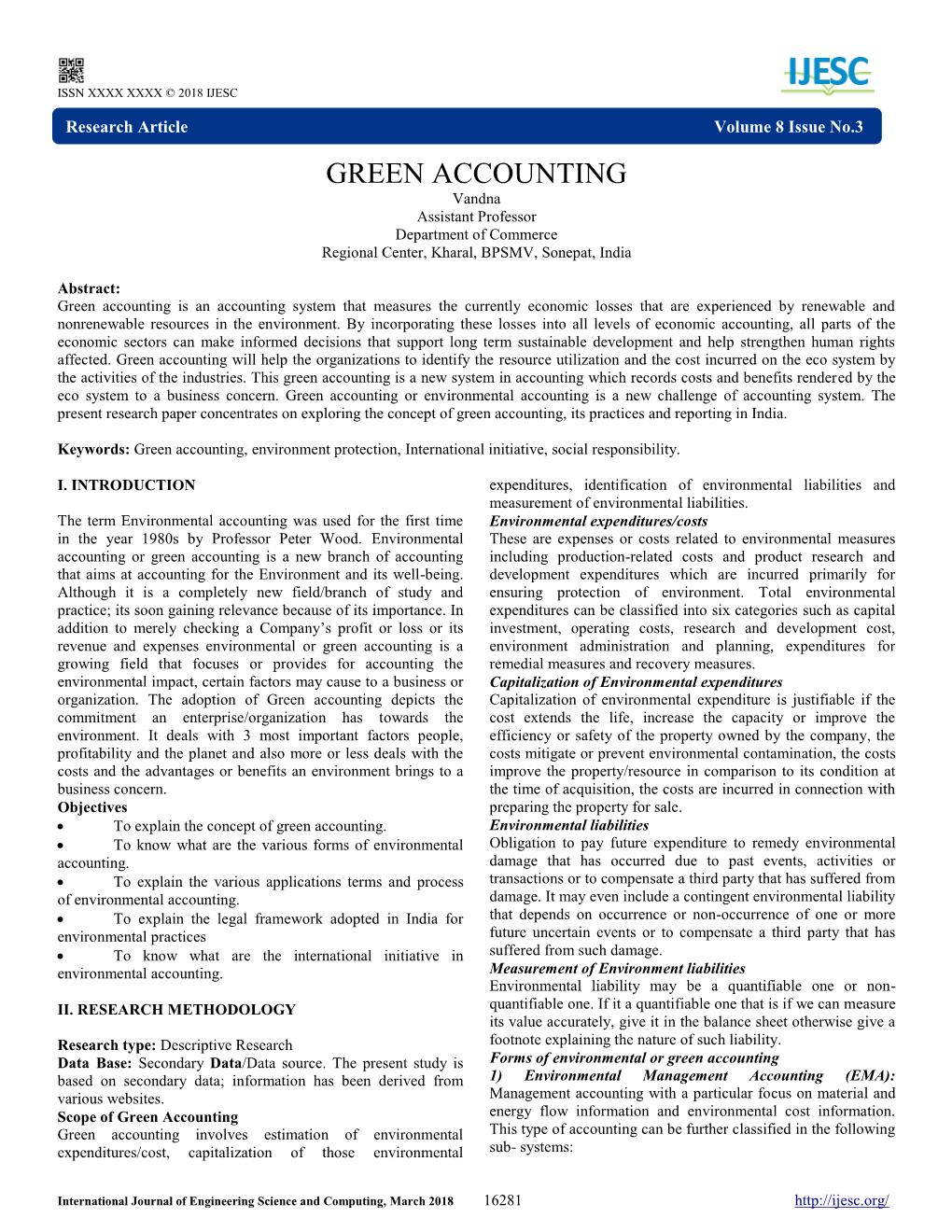 GREEN ACCOUNTING Vandna Assistant Professor Department of Commerce Regional Center, Kharal, BPSMV, Sonepat, India