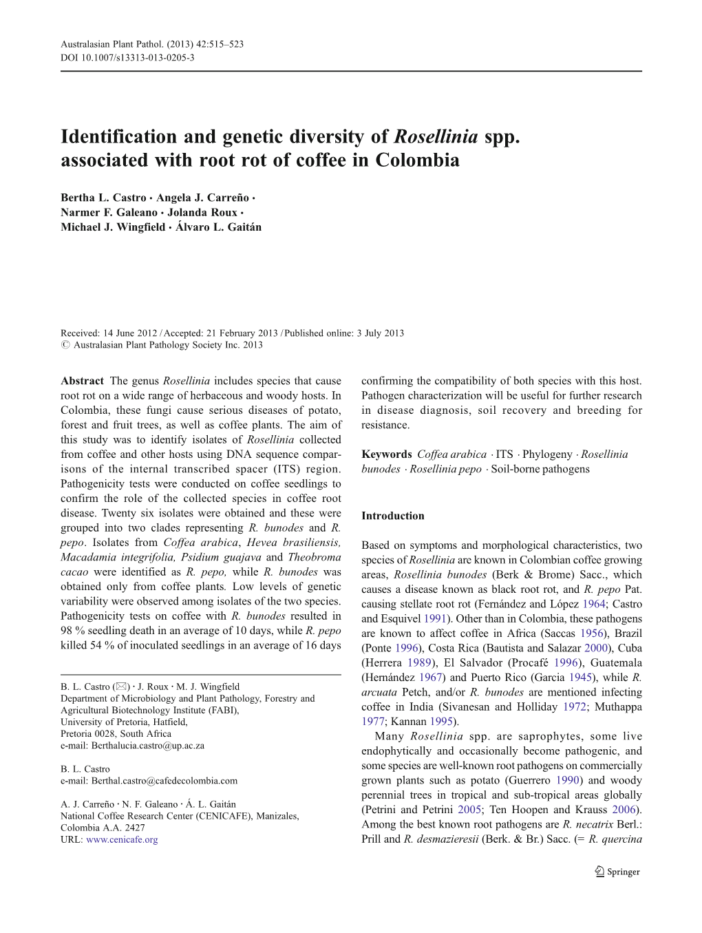 Identification and Genetic Diversity of Rosellinia Spp. Associated with Root Rot of Coffee in Colombia