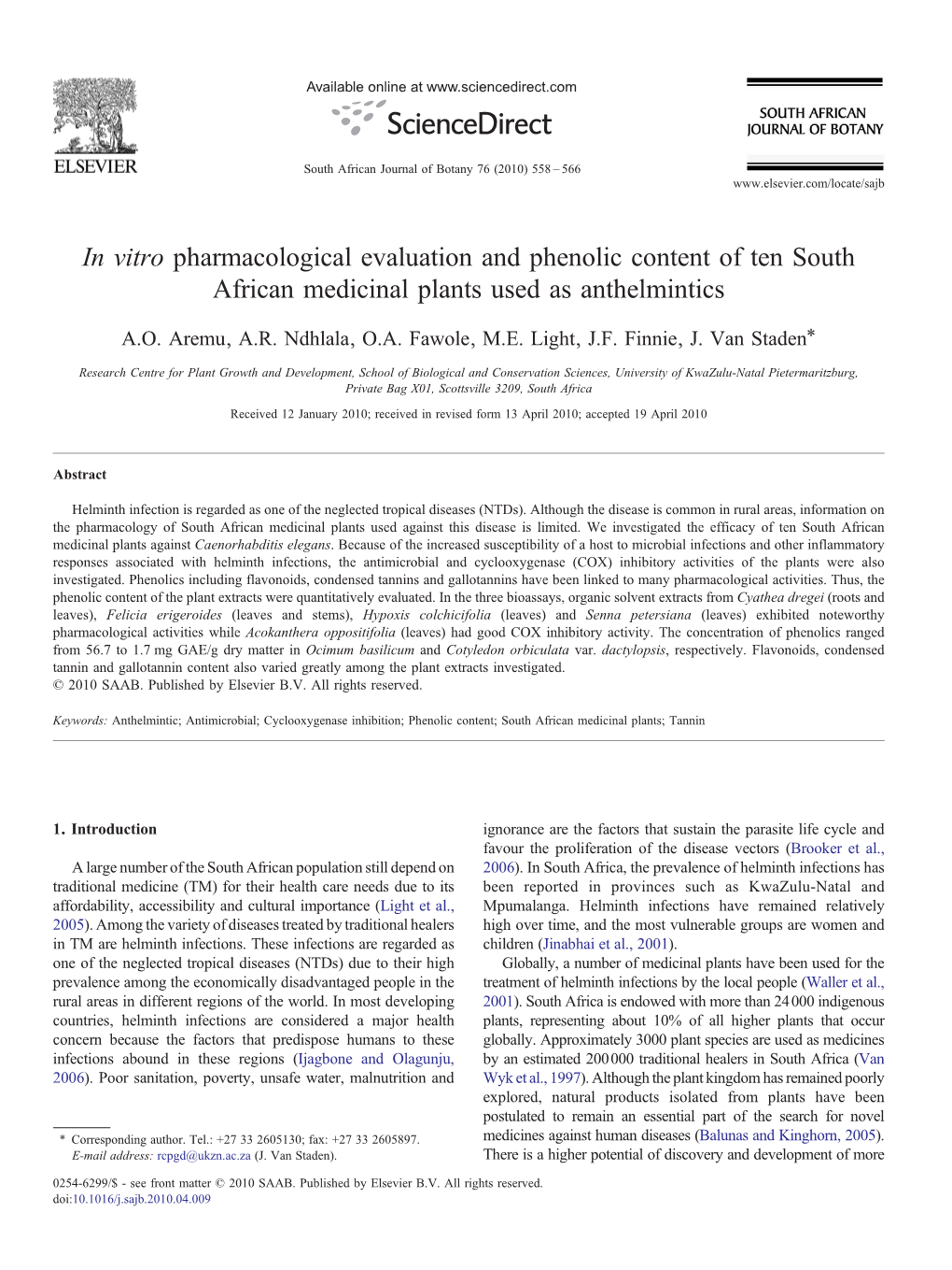 In Vitro Pharmacological Evaluation and Phenolic Content of Ten South African Medicinal Plants Used As Anthelmintics ⁎ A.O