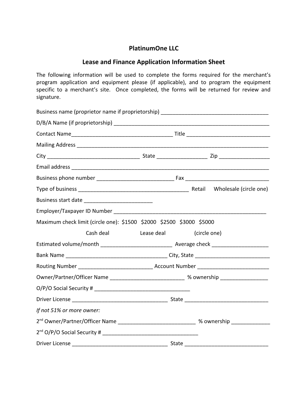 Lease and Finance Application Information Sheet