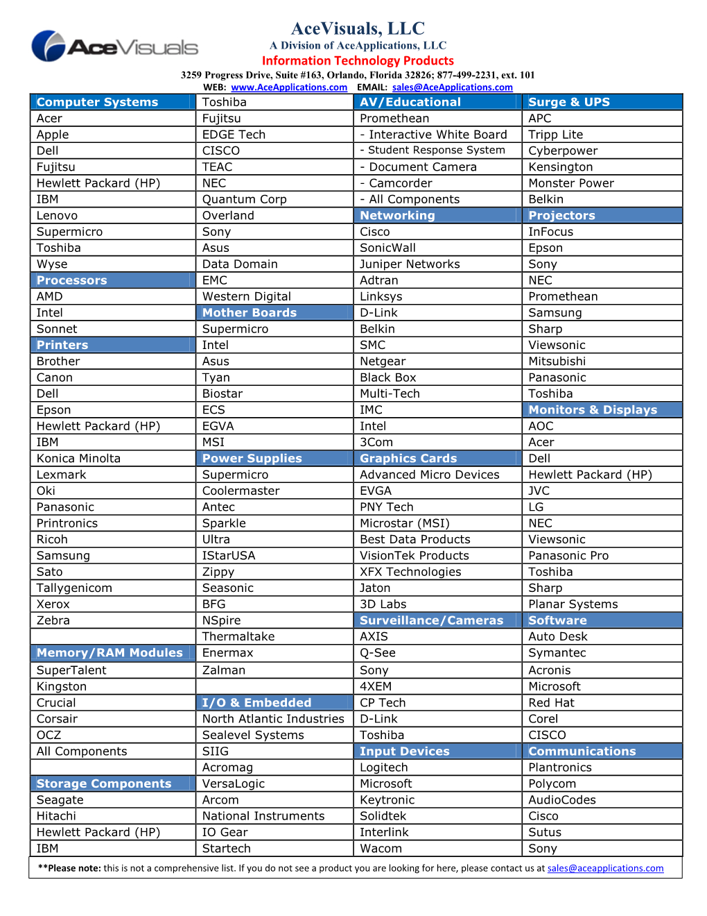 Acevisuals, LLC a Division of Aceapplications, LLC Information Technology Products 3259 Progress Drive, Suite #163, Orlando, Florida 32826; 877-499-2231, Ext