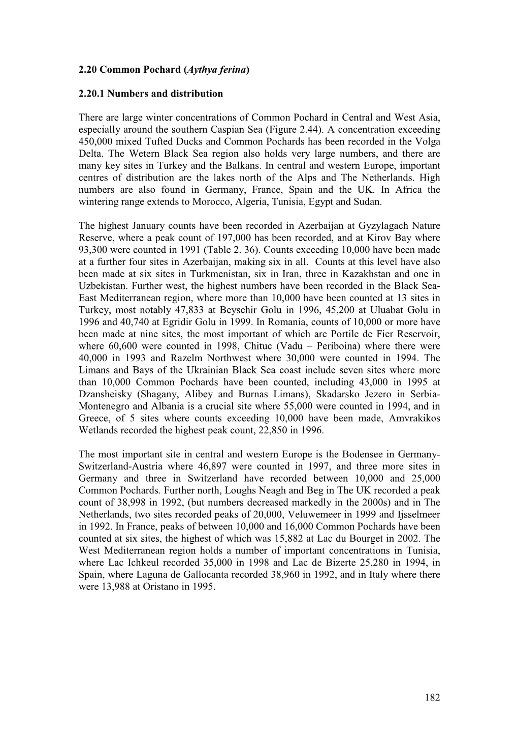 182 2.20 Common Pochard (Aythya Ferina) 2.20.1 Numbers and Distribution There Are Large Winter Concentrations of Common Pochard