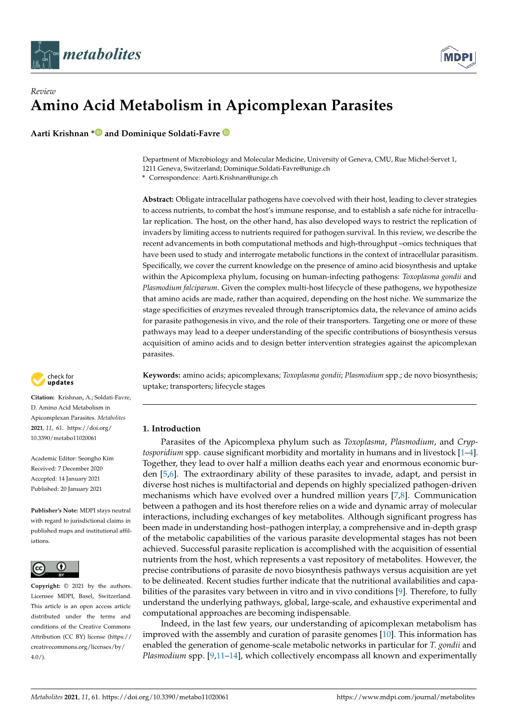 Amino Acid Metabolism in Apicomplexan Parasites