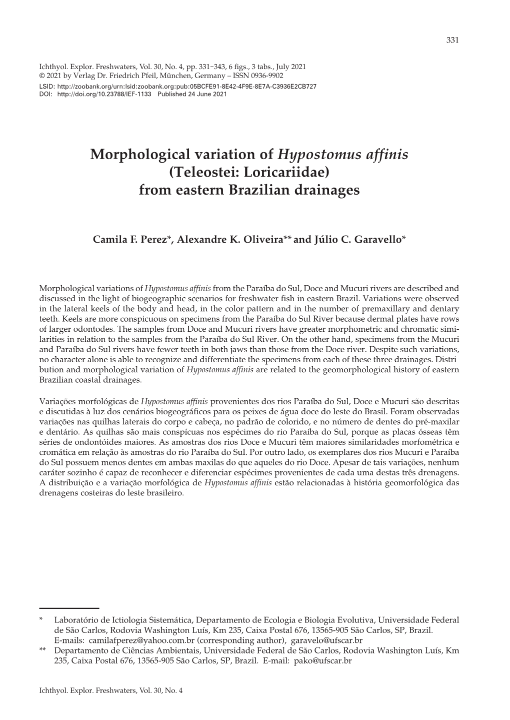 Morphological Variation of Hypostomus Affinis (Teleostei: Loricariidae) from Eastern Brazilian Drainages