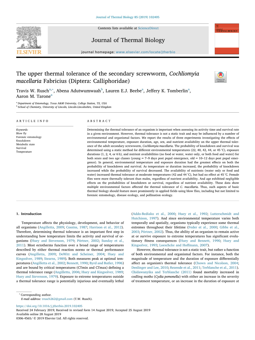 The Upper Thermal Tolerance of the Secondary Screwworm, Cochliomyia Macellaria Fabricius (Diptera: Calliphoridae) T