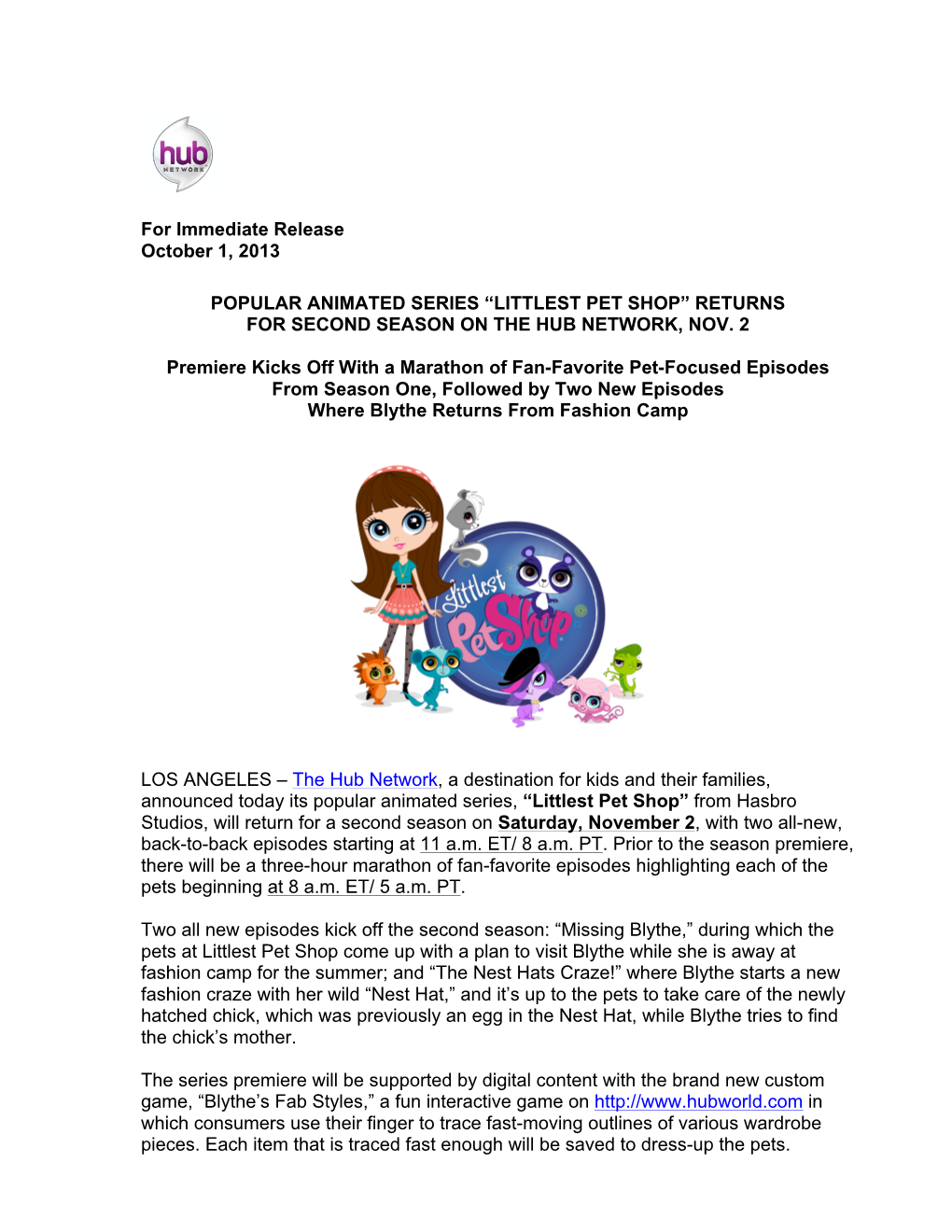 Littlest Pet Shop” Returns for Second Season on the Hub Network, Nov